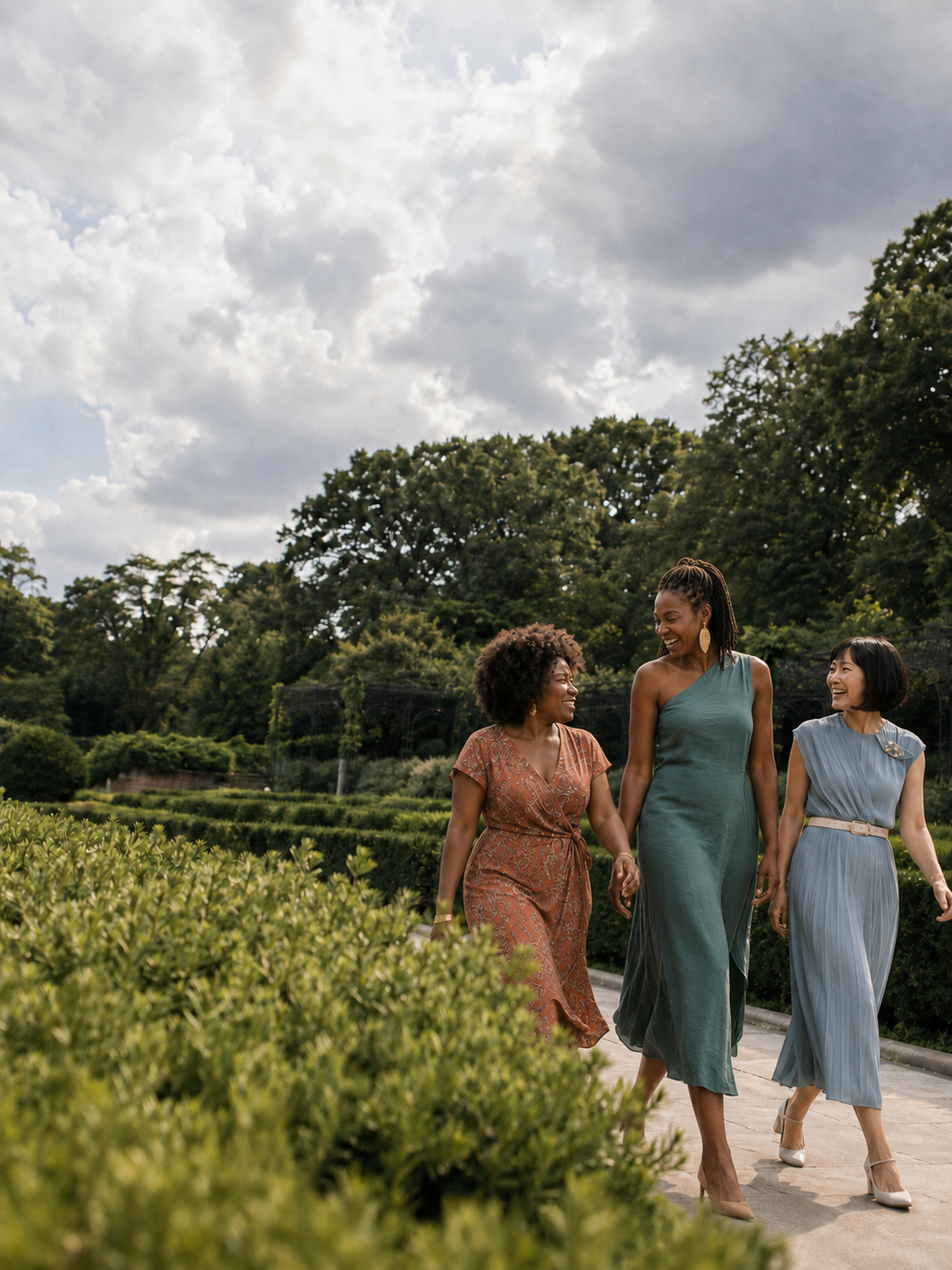 Two Black sisters and their East Asian friend walk and laugh together in Central Park’s Conservatory Garden.